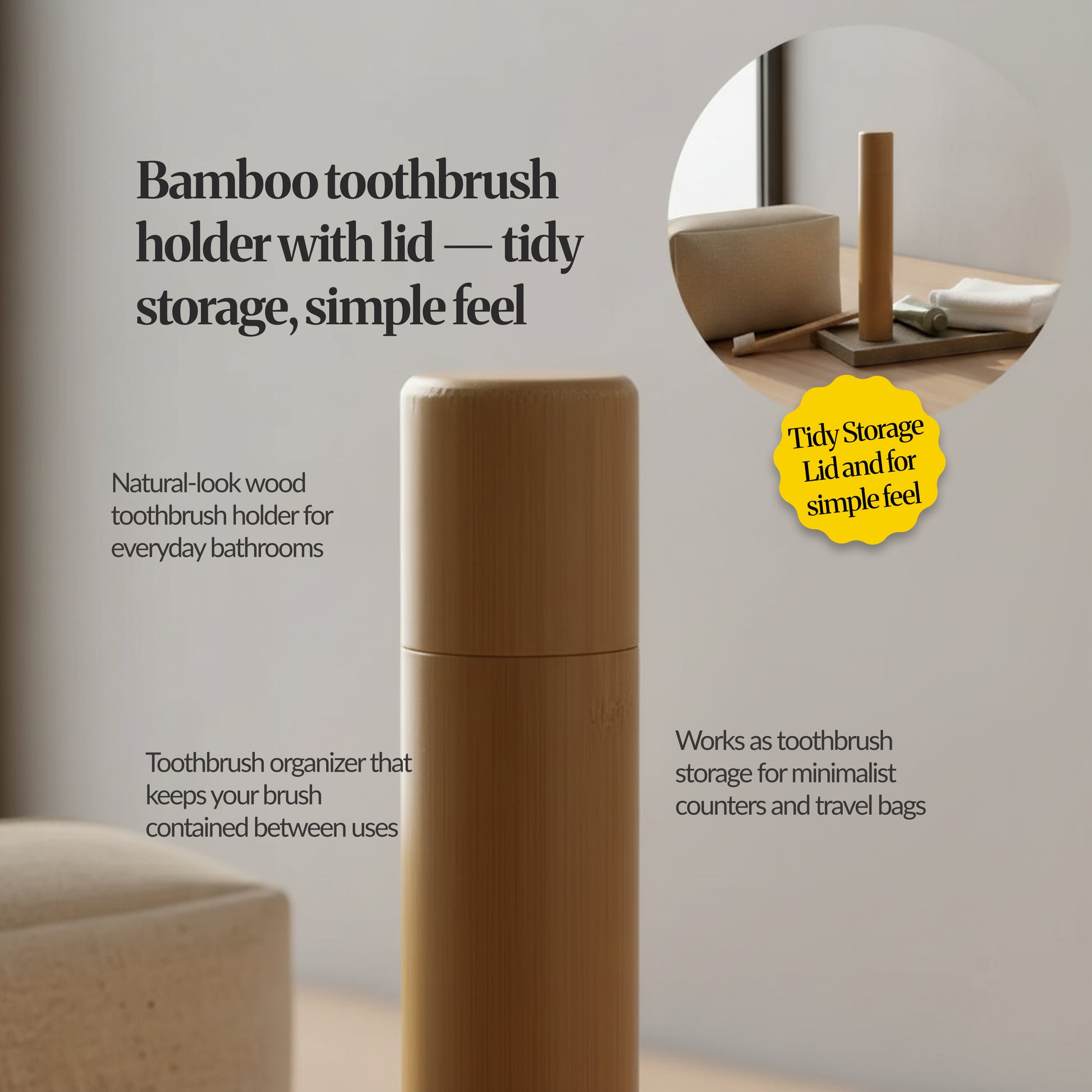 Bamboo toothbrush holder tube shown open to air-dry with simple cleaning and care callouts