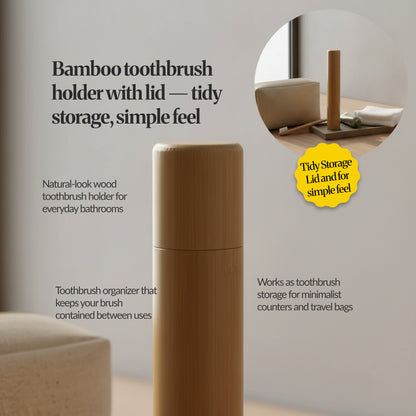 Bamboo toothbrush holder tube shown open to air-dry with simple cleaning and care callouts