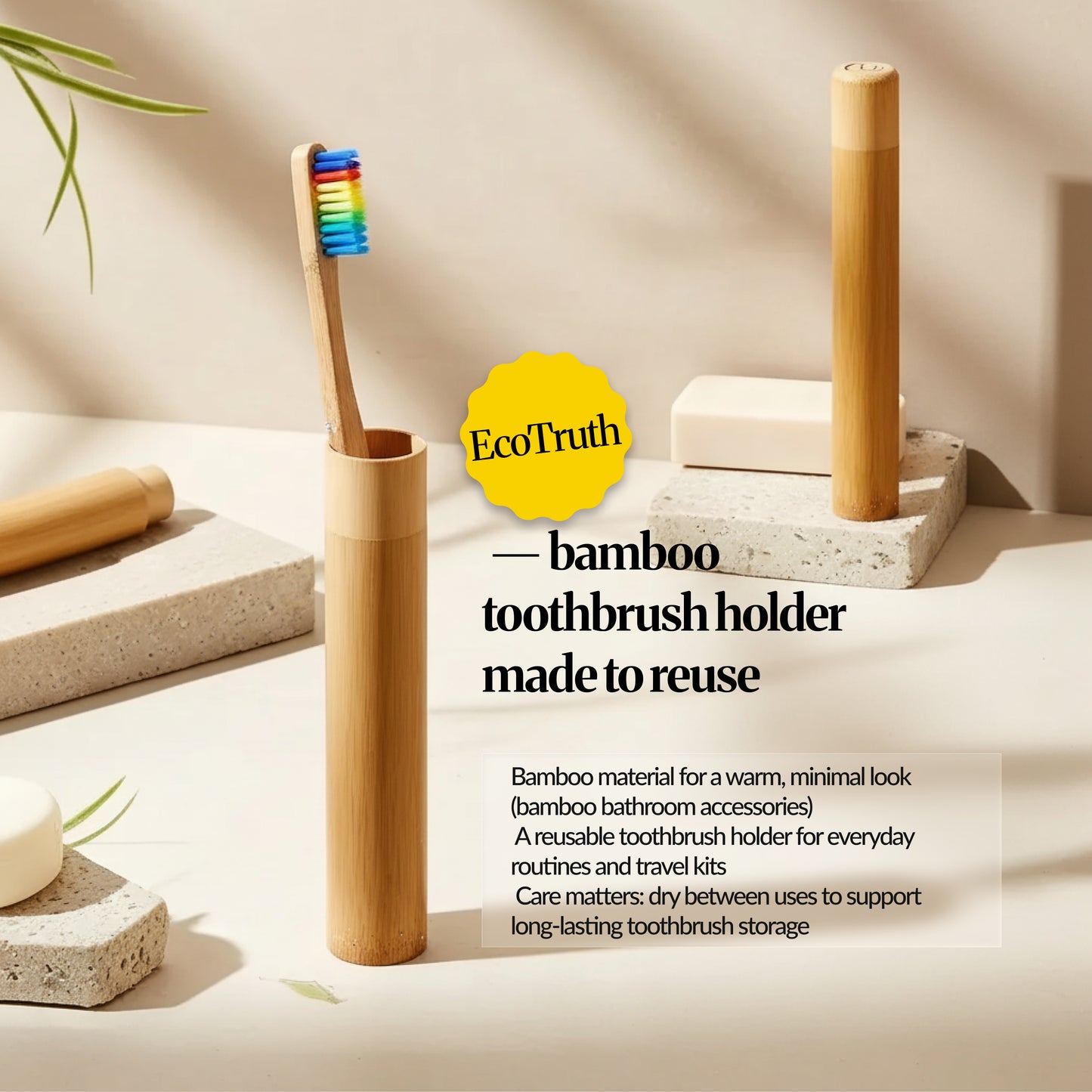 EcoTruth graphic highlighting bamboo material and reuse-focused design for a low-waste bathroom organizer