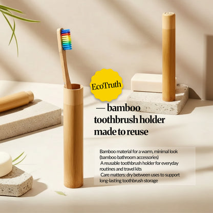 EcoTruth graphic highlighting bamboo material and reuse-focused design for a low-waste bathroom organizer