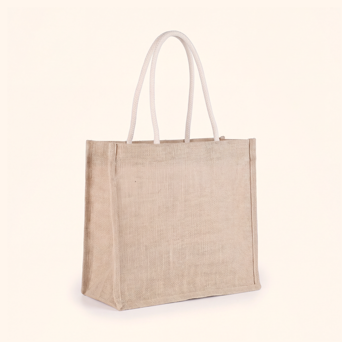 Large natural woven tote bag with long rope handles, standing on a cream background