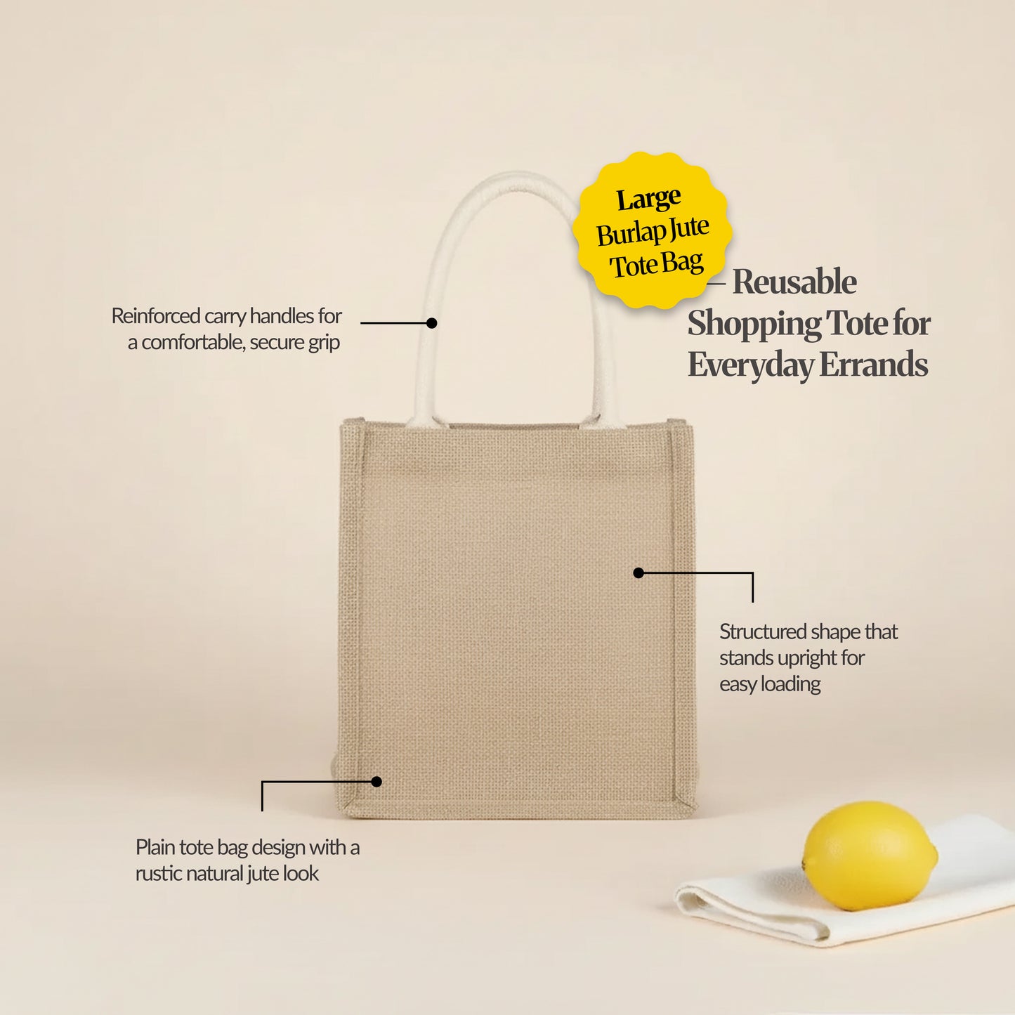 Large burlap jute tote bag feature callouts showing reinforced handles, structured upright shape, and rustic natural jute look (variant: Large).