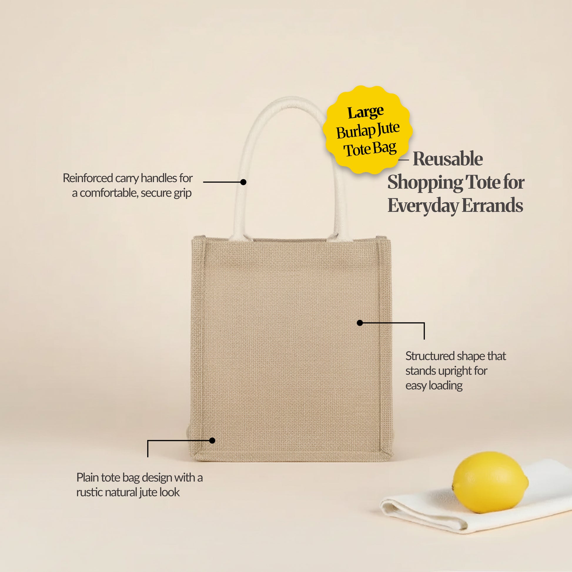 Large burlap jute tote bag feature callouts showing reinforced handles, structured upright shape, and rustic natural jute look (variant: Large).
