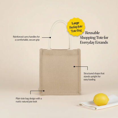 Large burlap jute tote bag feature callouts showing reinforced handles, structured upright shape, and rustic natural jute look (variant: Large).