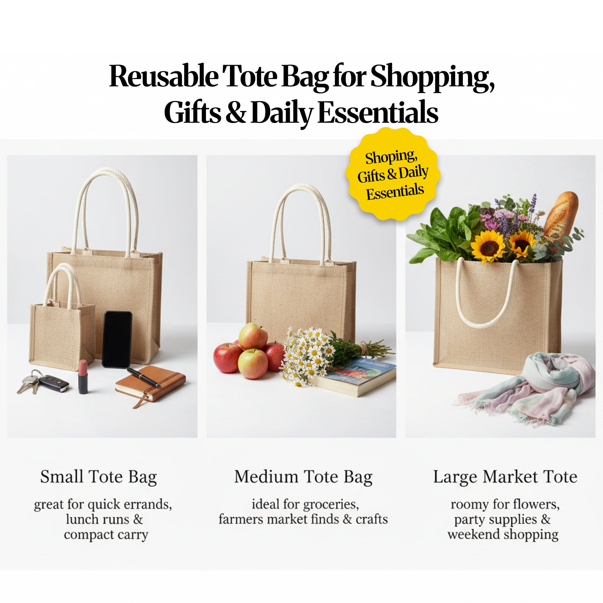 Three-panel collage showing small, medium and large jute tote bags with example items (keys/phone, groceries/books, flowers/scarf) for shopping, gifts and daily essentials.