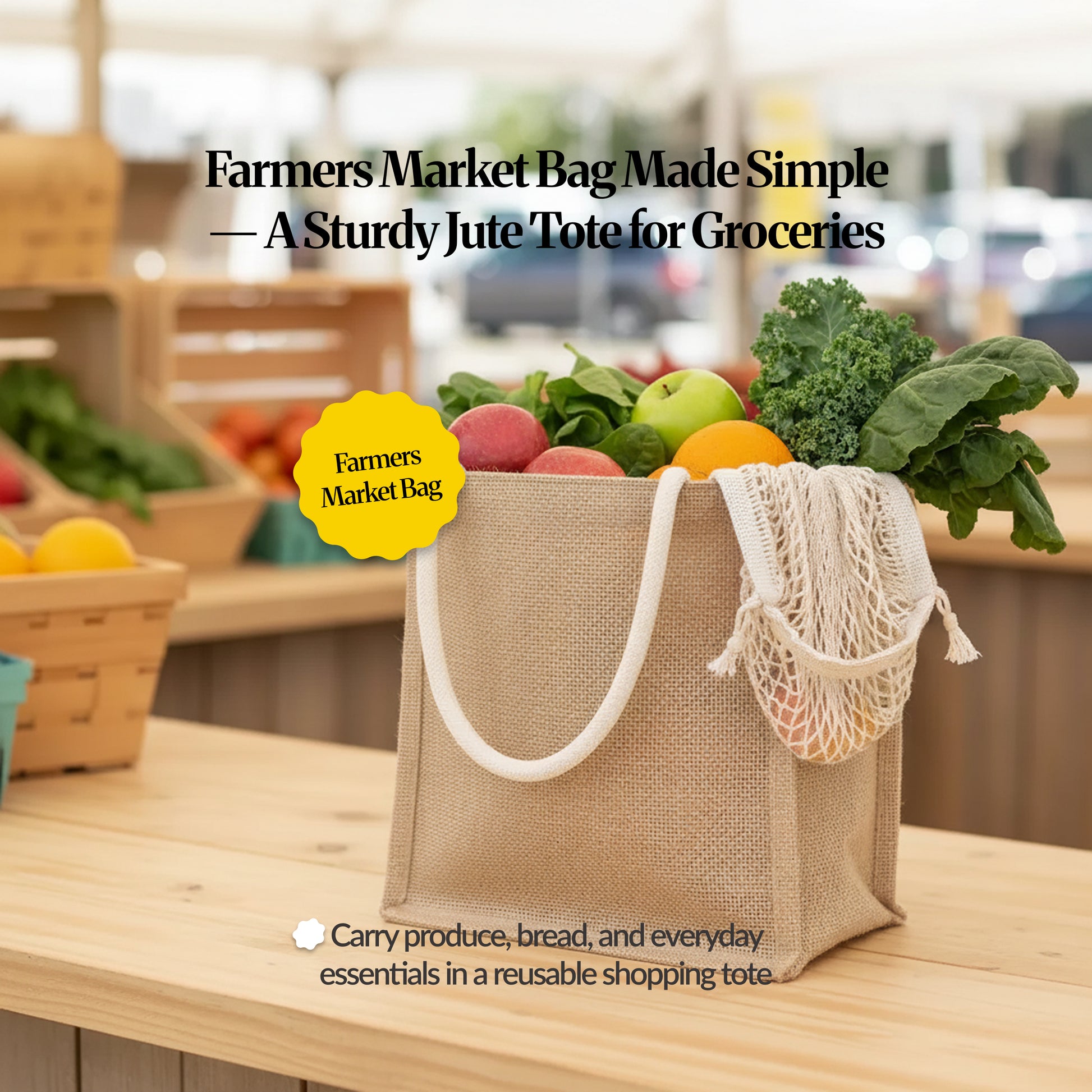 Jute farmers market tote bag filled with fruit and greens on a market stall table, labelled as a sturdy bag for groceries and produce.