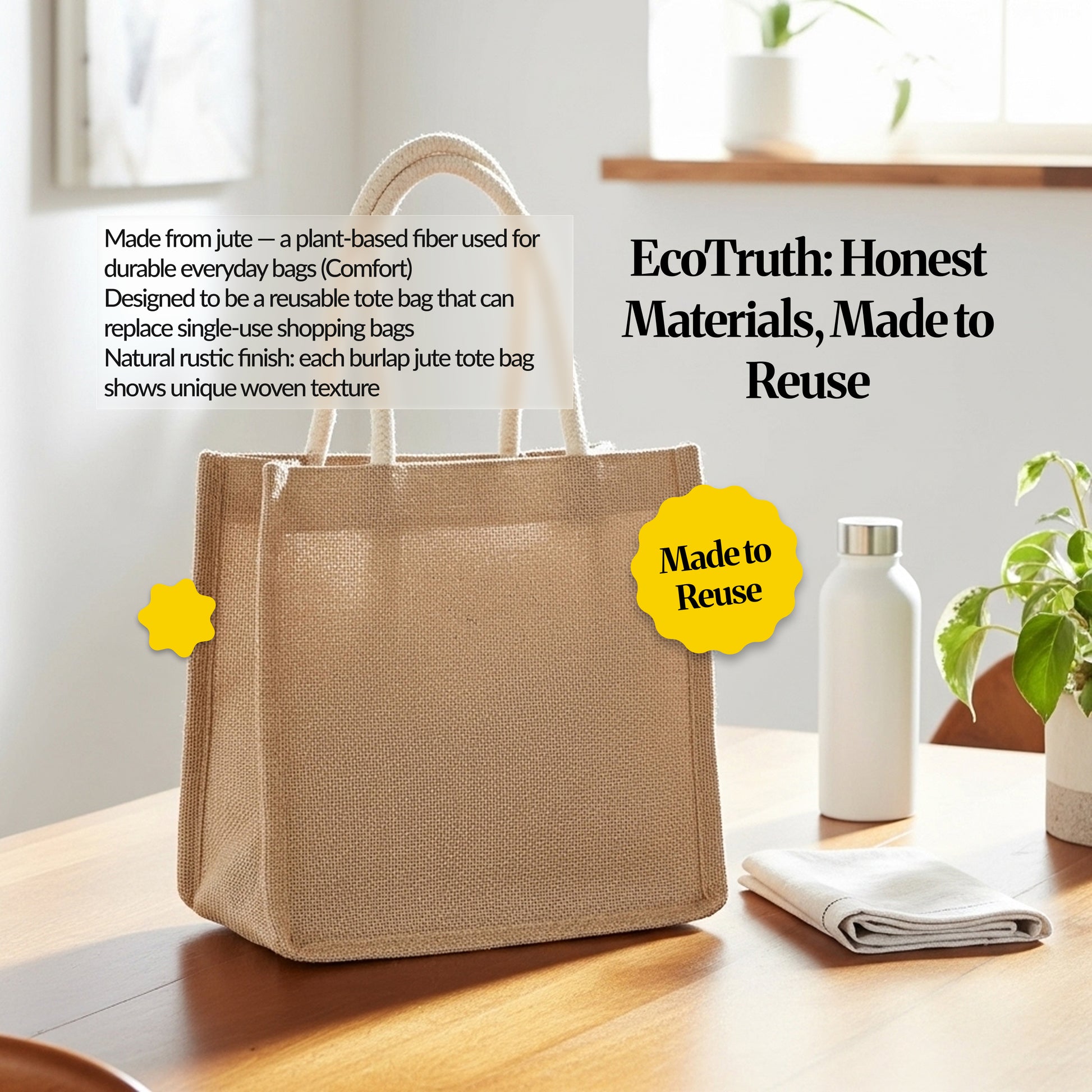 EcoTruth graphic showing a jute tote bag on a wooden table, with text about plant-based jute fibre, reusable design, and natural woven texture.