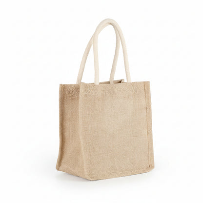 Studio product photo of the small jute tote bag on a white background with sturdy white rope handles (small size).