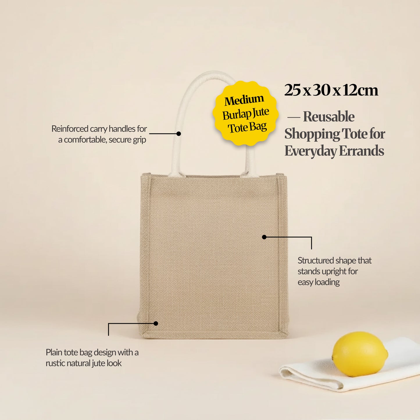 Eco-Friendly Burlap Jute Tote Bag Shopping — Reusable Market Tote (Small / Medium / Large)