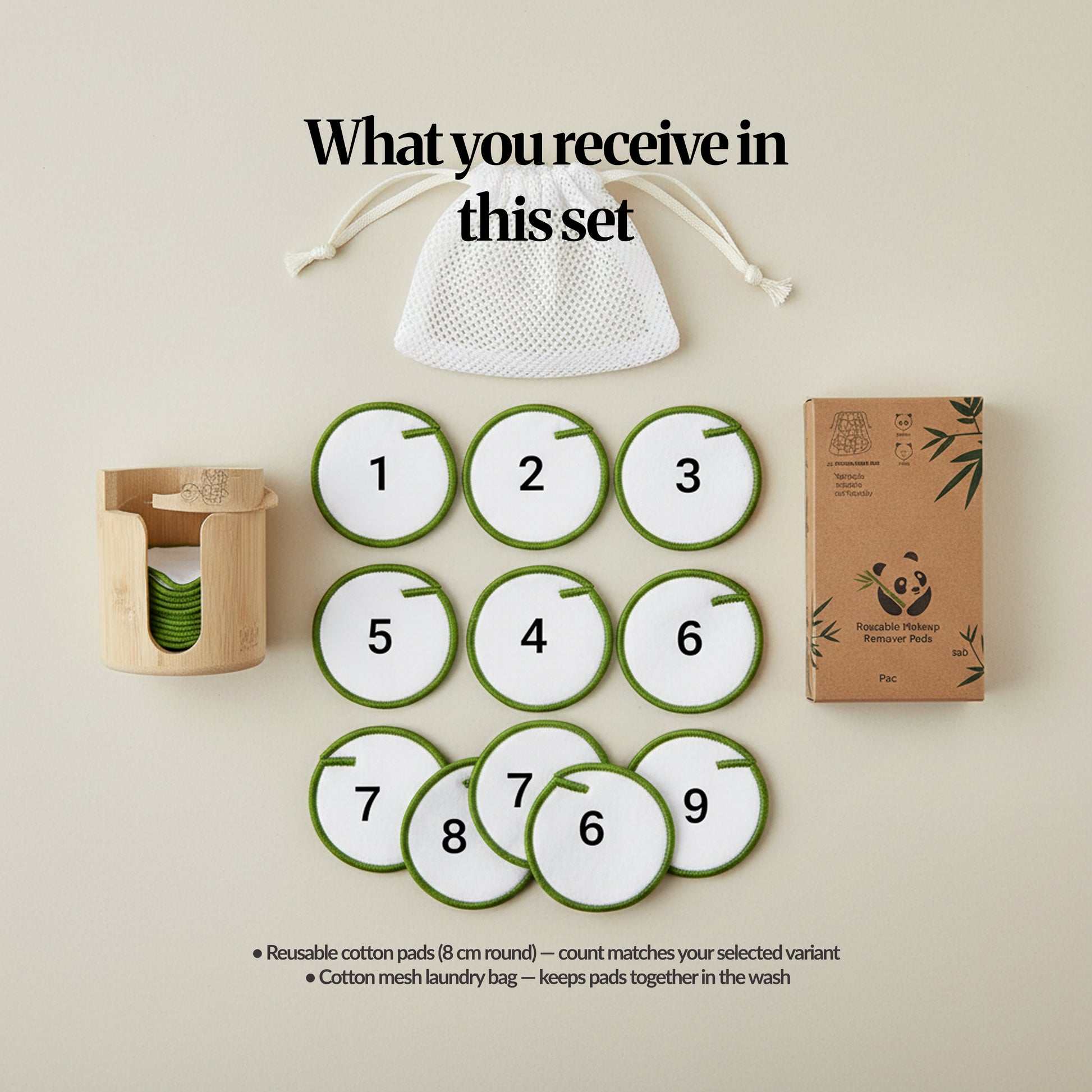 Flat lay of what’s included: bamboo holder, numbered reusable pads, mesh laundry bag, and retail box.