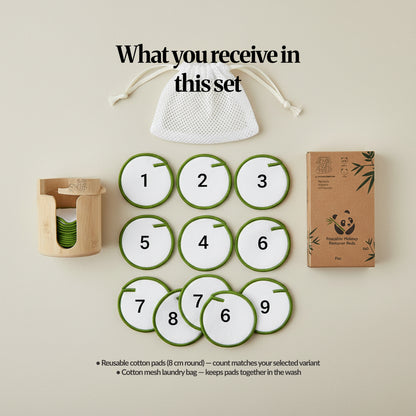 Flat lay of what’s included: bamboo holder, numbered reusable pads, mesh laundry bag, and retail box.