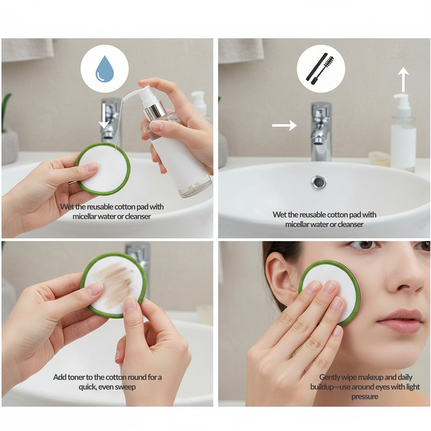 Four-step use guide showing wetting the pad, applying cleanser/toner, and gently wiping makeup from the face.