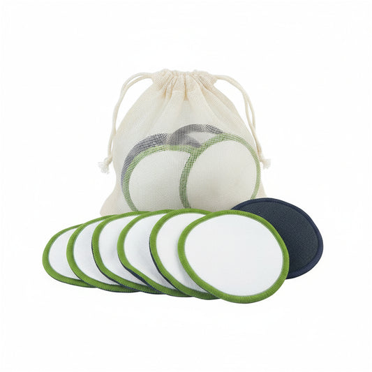 Reusable cotton pads set with drawstring wash bag on a white background
