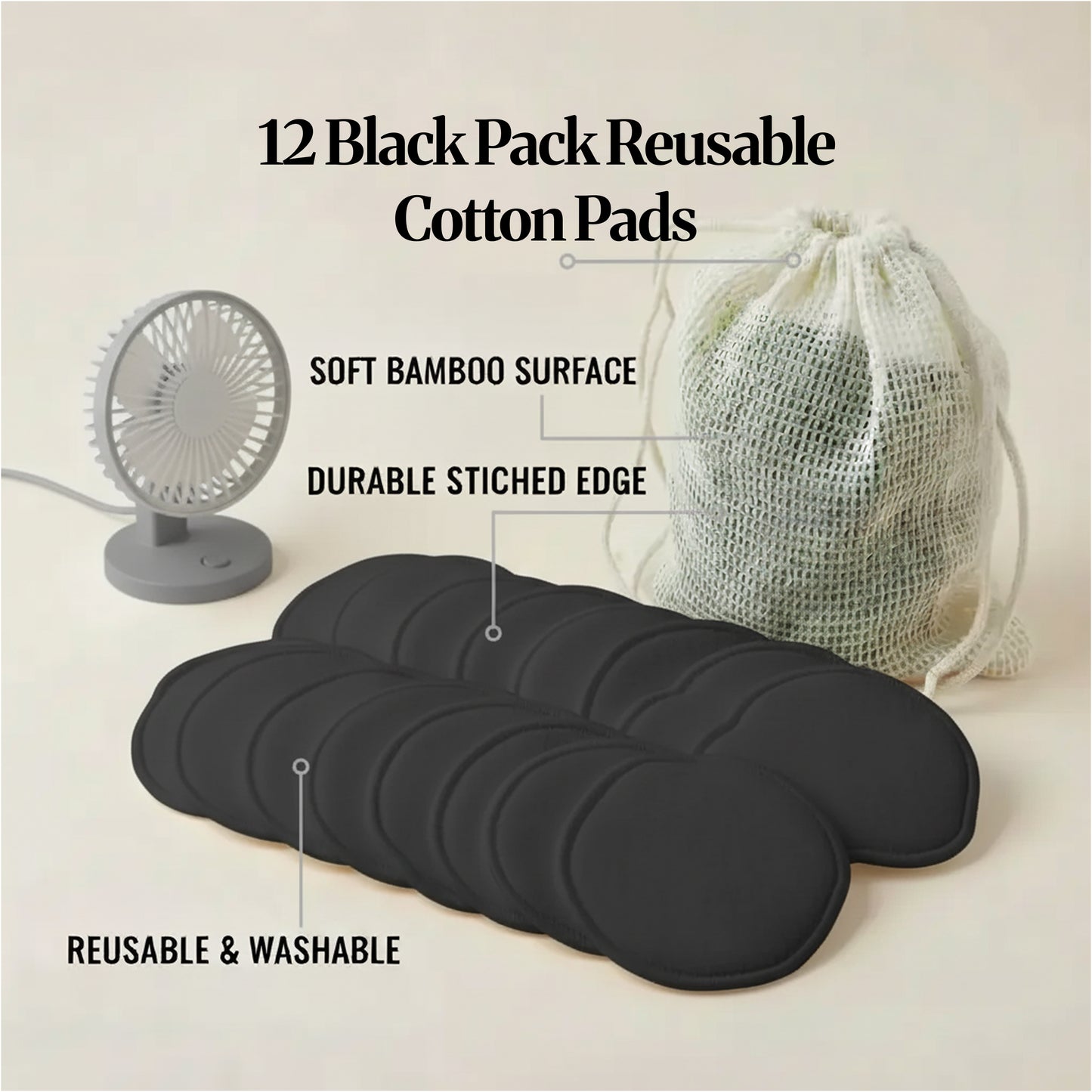 Set of 12 black reusable cotton pads with a fan, mesh bag, and text highlighting features on a beige background.