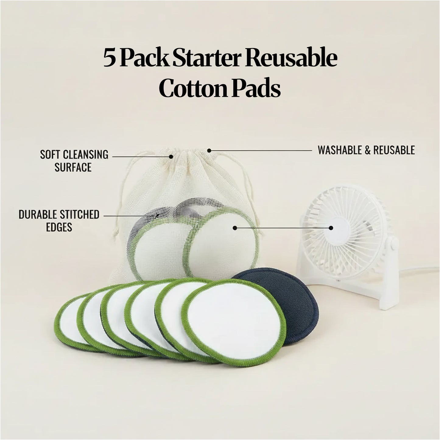 “5 Pack Starter Reusable Cotton Pads” set with mesh bag, showing soft cleansing surface and durable stitched edges.
