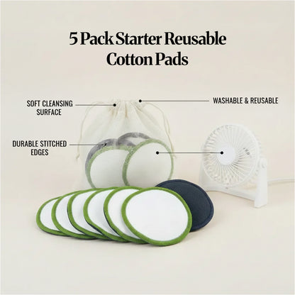“5 Pack Starter Reusable Cotton Pads” set with mesh bag, showing soft cleansing surface and durable stitched edges.