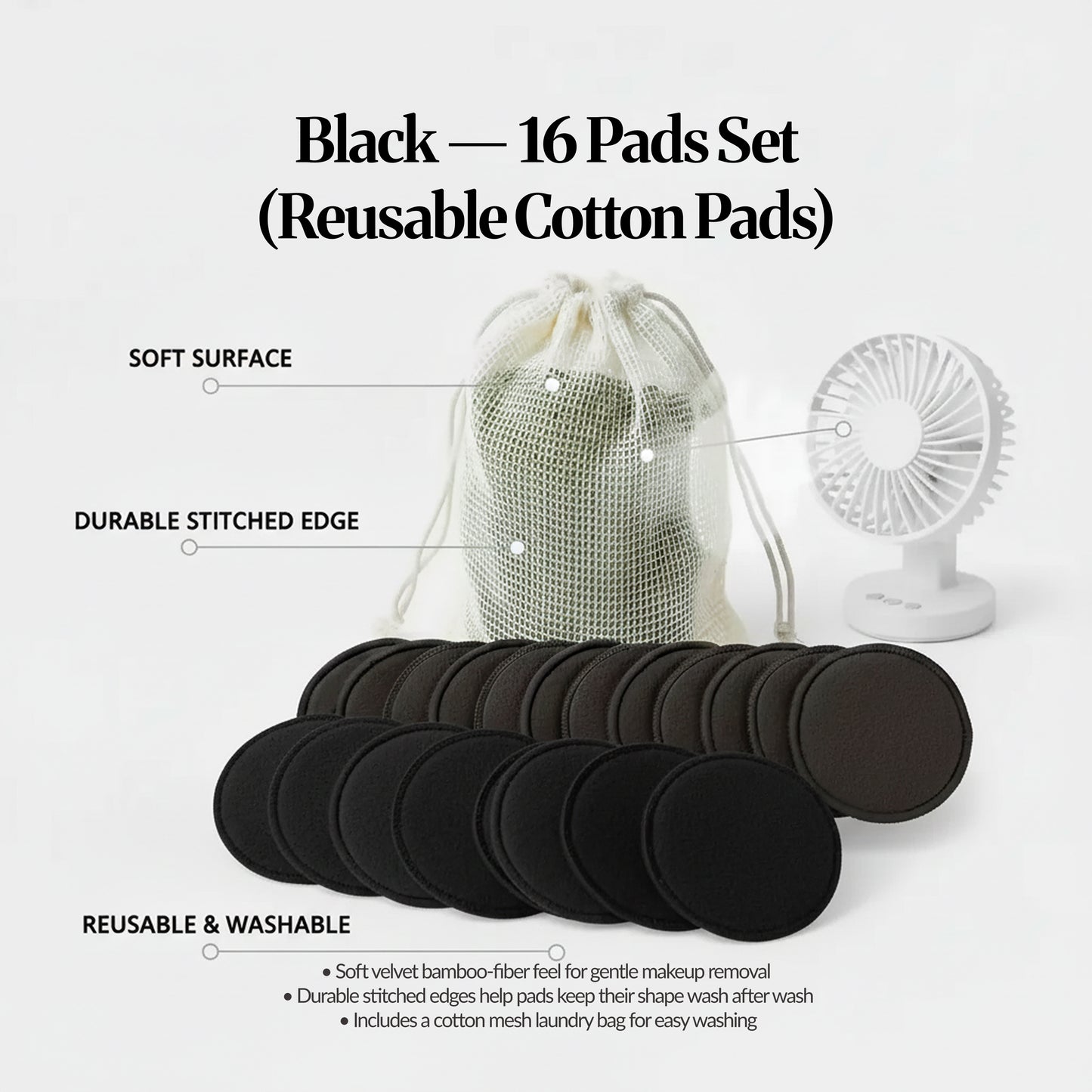 “Black — 16 Pads Set” reusable cotton pads with mesh laundry bag, highlighting soft surface and washable design.