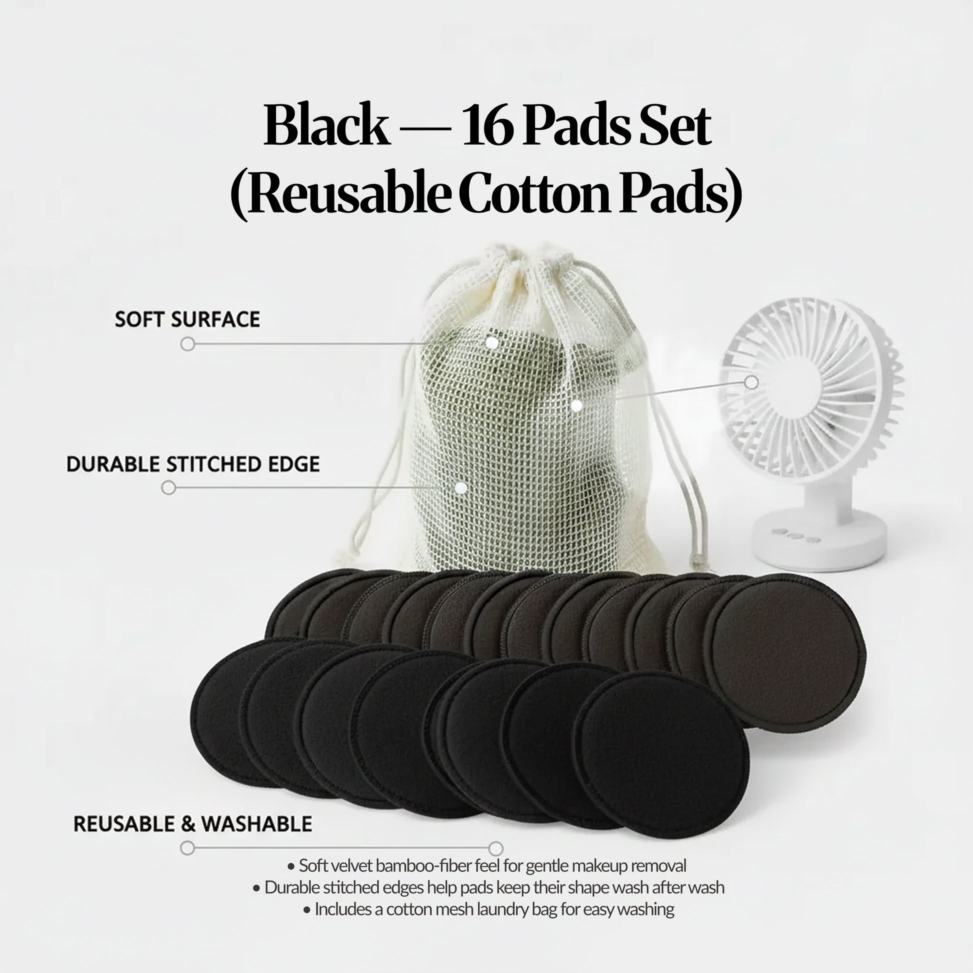 “Black — 16 Pads Set” reusable cotton pads with mesh laundry bag, highlighting soft surface and washable design.