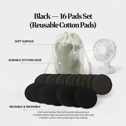 “Black — 16 Pads Set” reusable cotton pads with mesh laundry bag, highlighting soft surface and washable design.