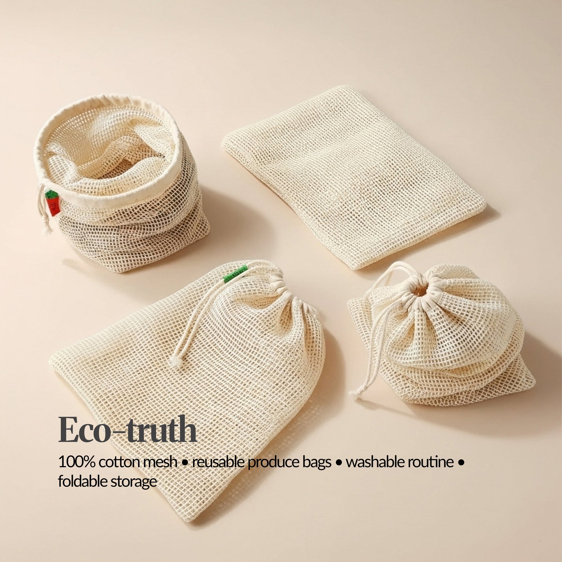 Flat lay of reusable cotton mesh produce bags in multiple sizes, showing drawstring closures and foldable storage.