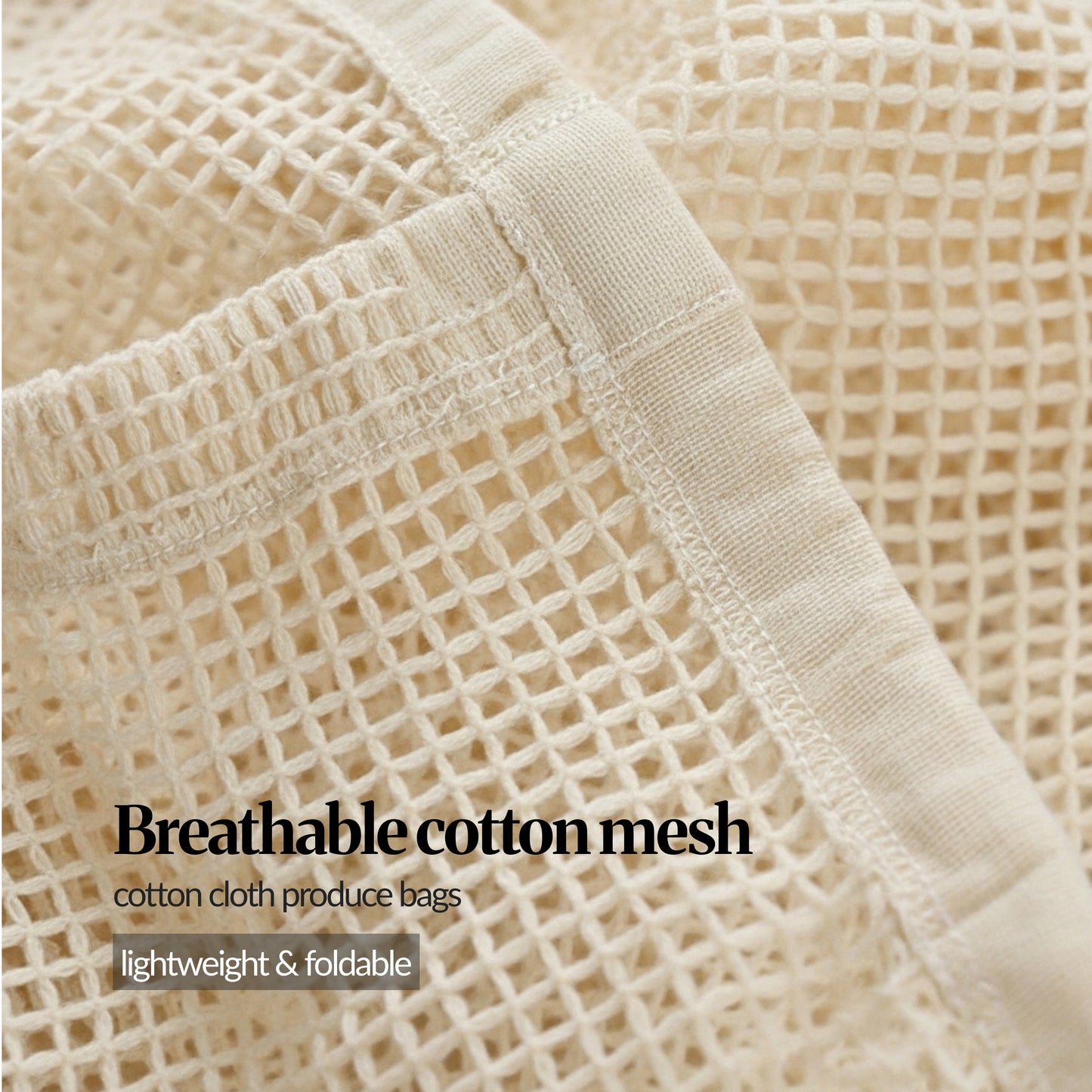 Close-up of breathable cotton mesh fabric and stitched seams on a reusable produce bag, highlighting the lightweight, foldable material.