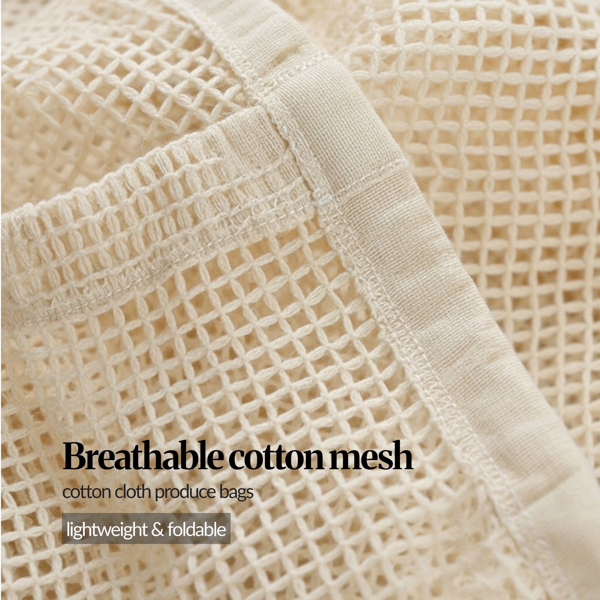 Close-up of breathable cotton mesh fabric and stitched seams on a reusable produce bag, highlighting the lightweight, foldable material.