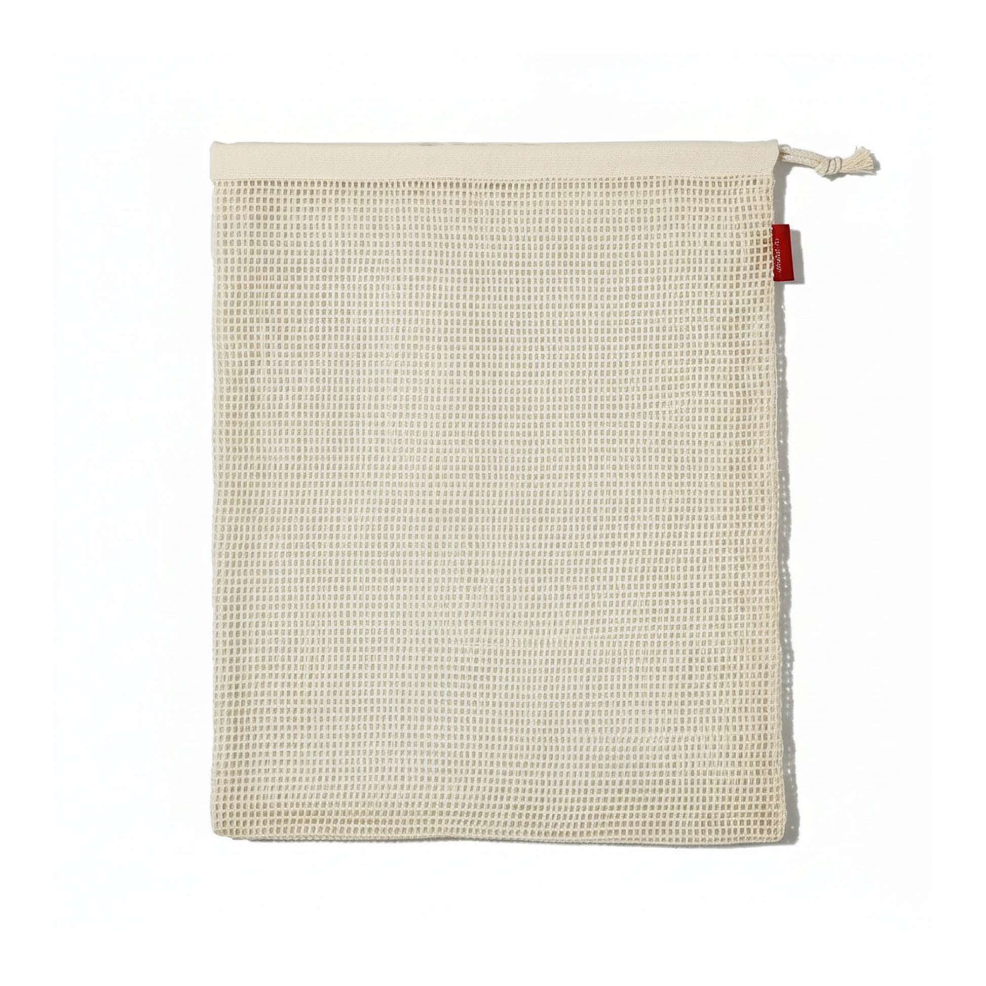 Organic cotton mesh produce bags with drawstring on a white background, shown as the set sold. 