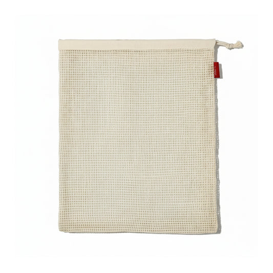 Organic cotton mesh produce bags with drawstring on a white background, shown as the set sold. 