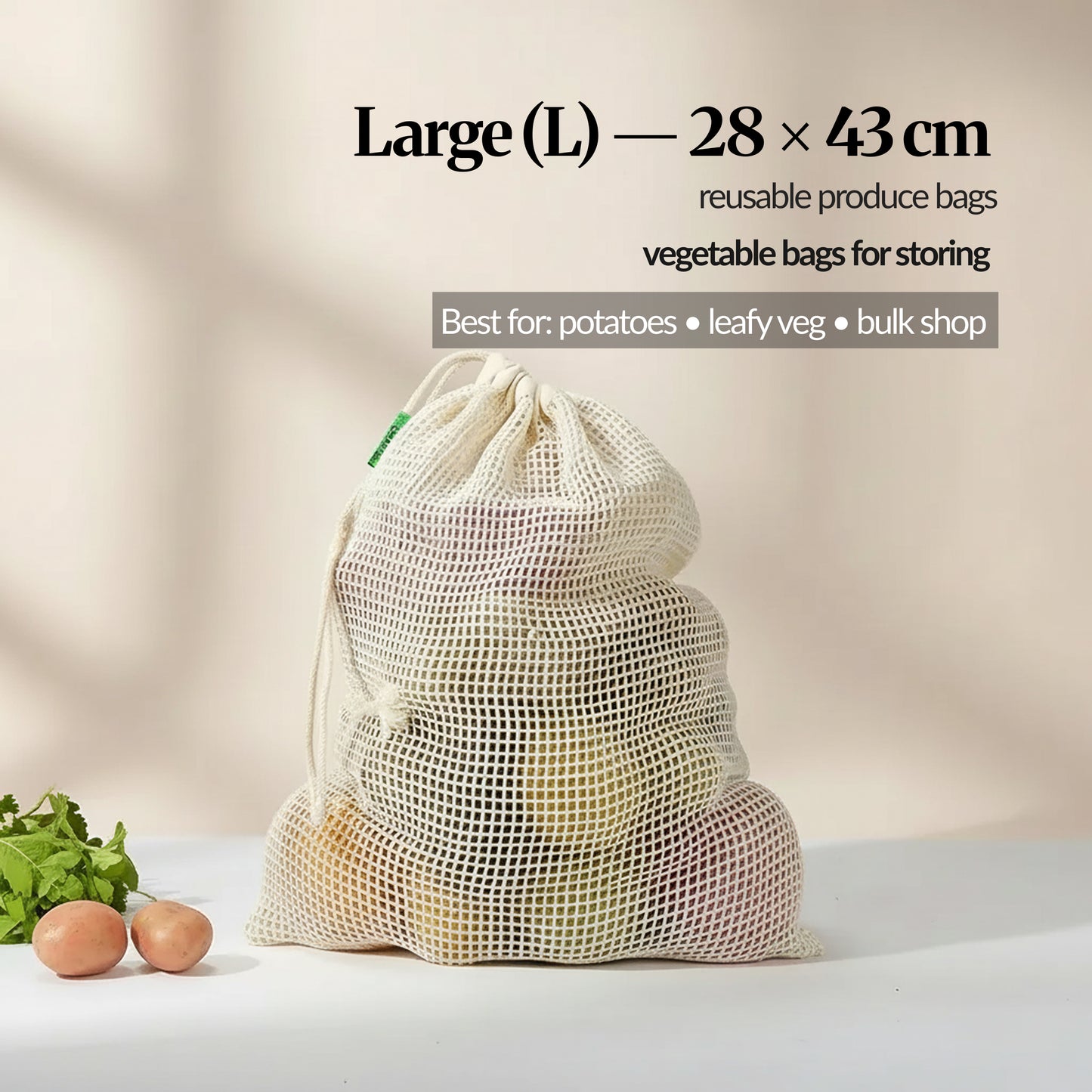Large (L) cotton mesh produce bag (28 × 43 cm) filled with vegetables, with sizing and “best for” use guidance shown on the image.