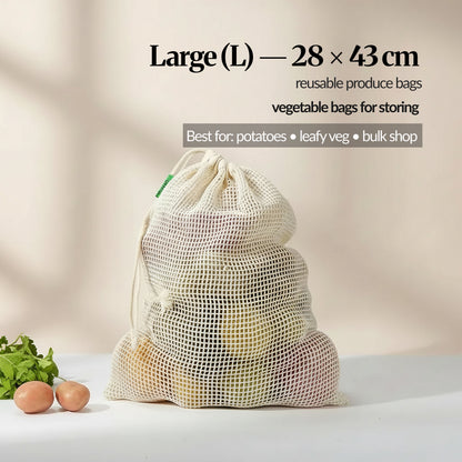 Large (L) cotton mesh produce bag (28 × 43 cm) filled with vegetables, with sizing and “best for” use guidance shown on the image.