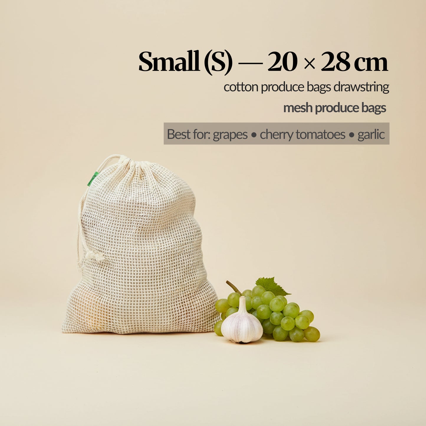 Small (S) cotton mesh produce bag (20 × 28 cm) shown with grapes and garlic, with sizing and “best for” use guidance on the image.