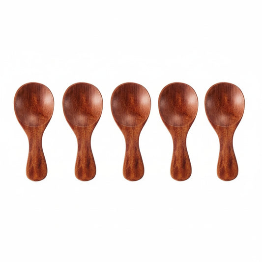Studio product image of five dark brown mini scoops on a white background (5-piece set).