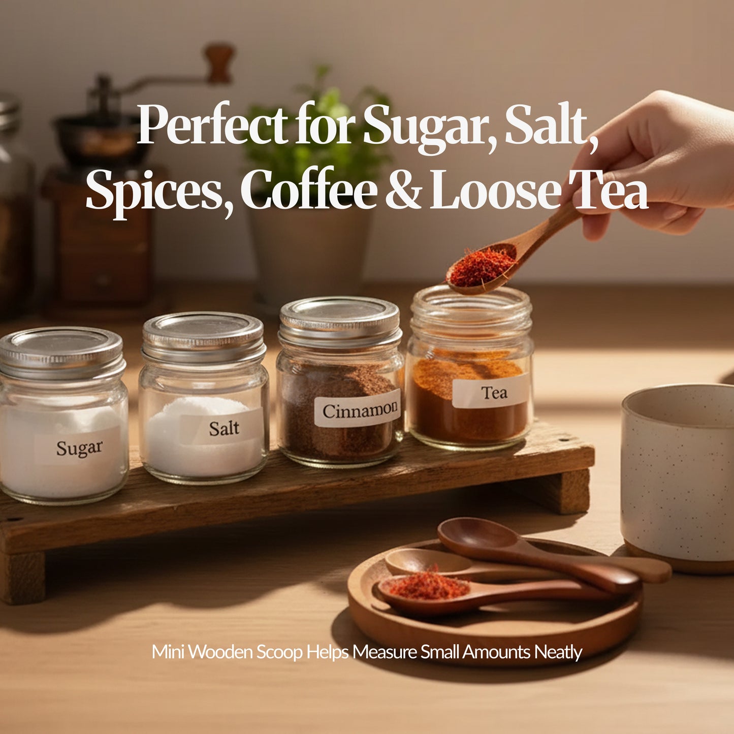Kitchen scene showing a mini wooden scoop measuring spices from small jars, with text noting it’s ideal for sugar, salt, spices, coffee, and loose tea.