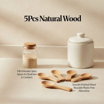 Lifestyle image of five light natural-wood mini scoops on a countertop, labelled as “5pcs natural wood,” for small jars and canisters.