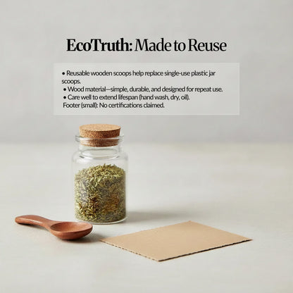 EcoTruth graphic showing a glass jar and reusable mini wooden scoop, explaining it replaces single-use plastic scoops and should be hand washed and dried.