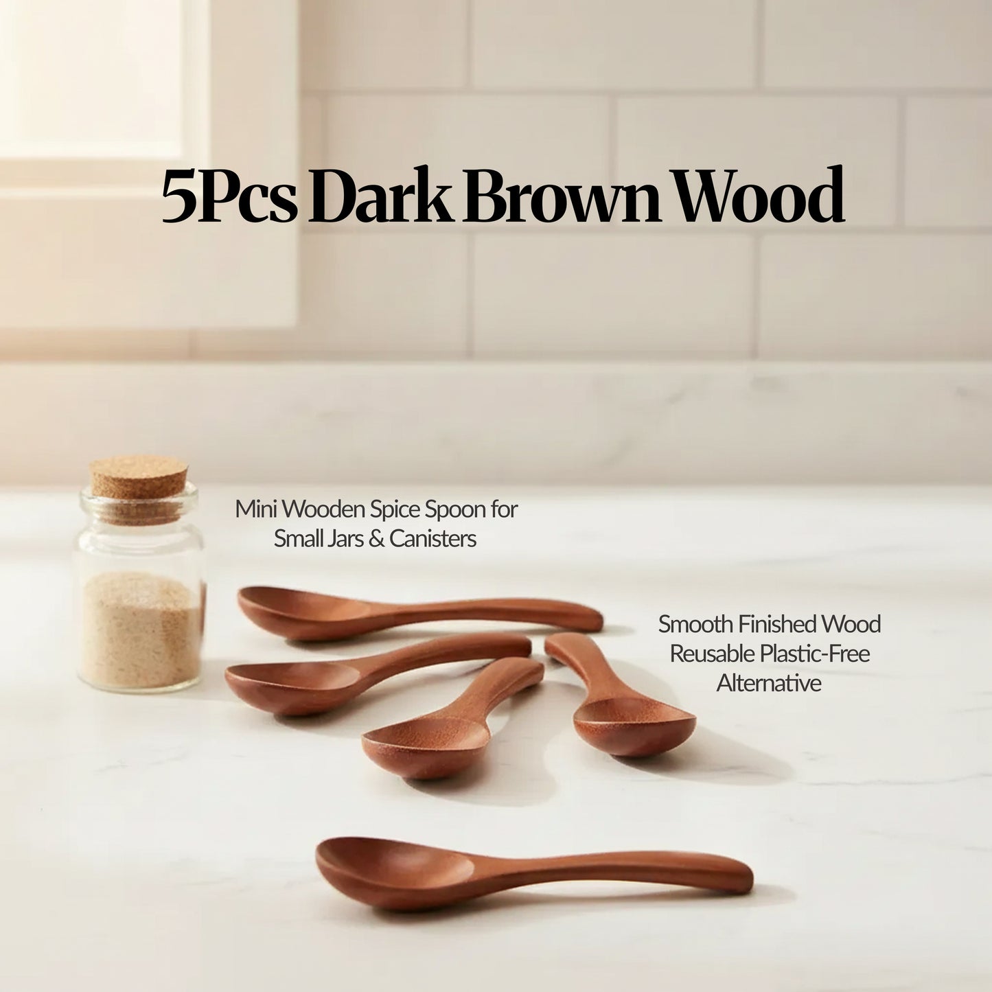 Lifestyle image of five dark brown mini scoops on a countertop, labelled as “5pcs dark brown wood,” for small jars and canisters.