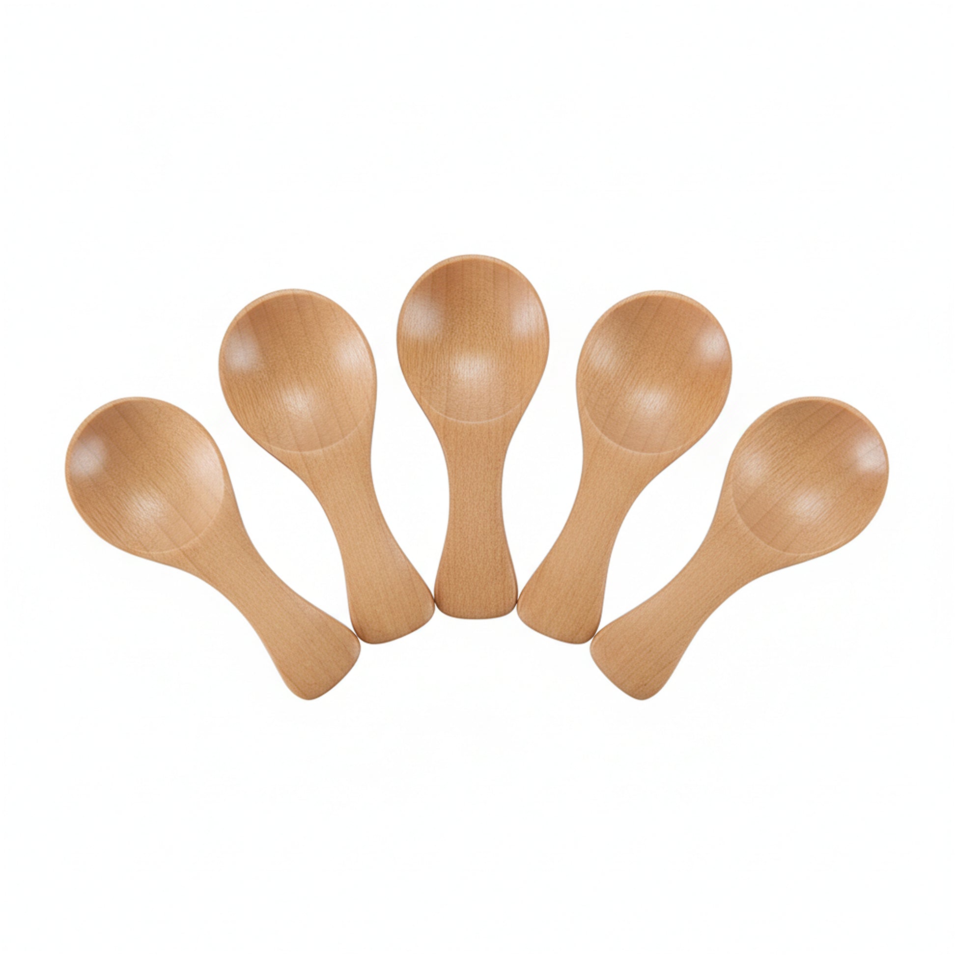 Studio product image of five light natural-wood mini scoops on a white background (5-piece set).