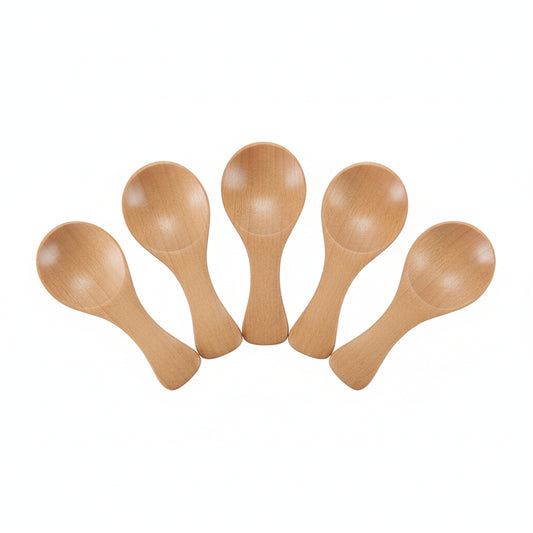 Studio product image of five light natural-wood mini scoops on a white background (5-piece set).