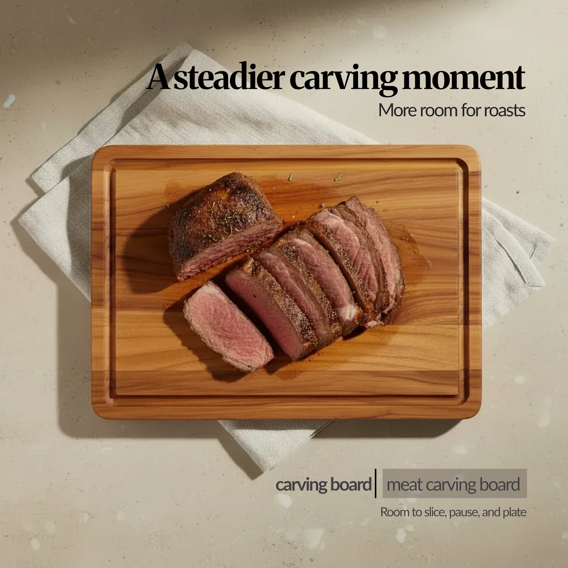 Top-down lifestyle shot of a large wooden carving board with sliced roast meat, labelled “carving board / meat carving board” with room for roasts.