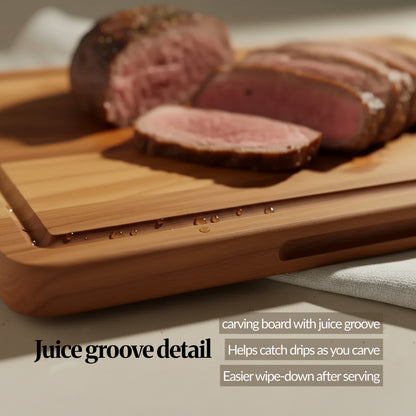 Close-up detail of the wooden carving board’s juice groove catching drips while sliced roast meat rests on the board.