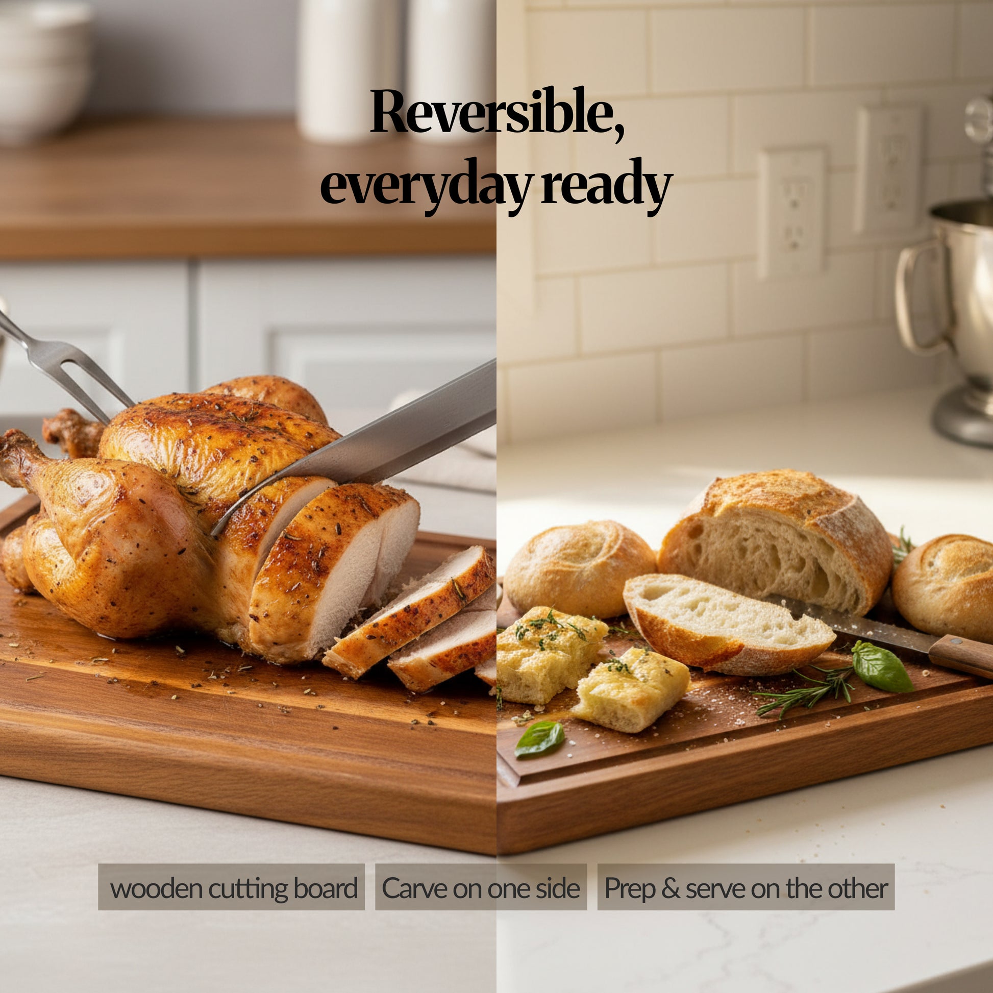 Split-image graphic showing the board in use: carving roast chicken on one side and serving bread on the other, highlighting the reversible design.