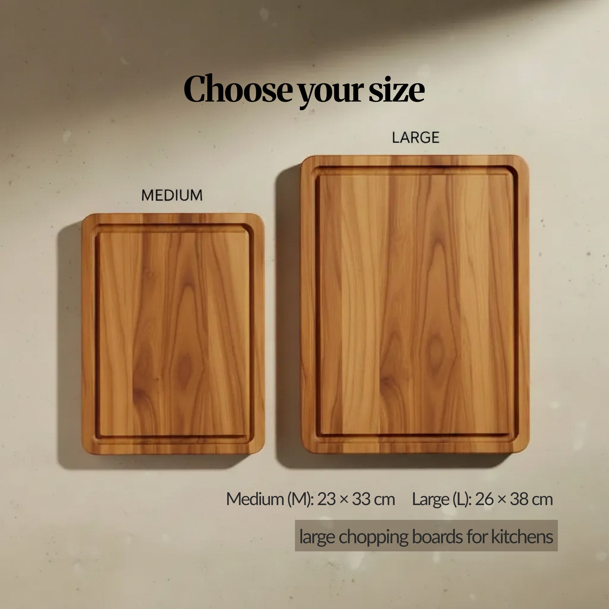 Choose-your-size graphic showing two wooden cutting boards side by side—Medium (23 × 33 cm) and Large (26 × 38 cm)—with size labels and “large chopping boards for kitchens” text overlay.