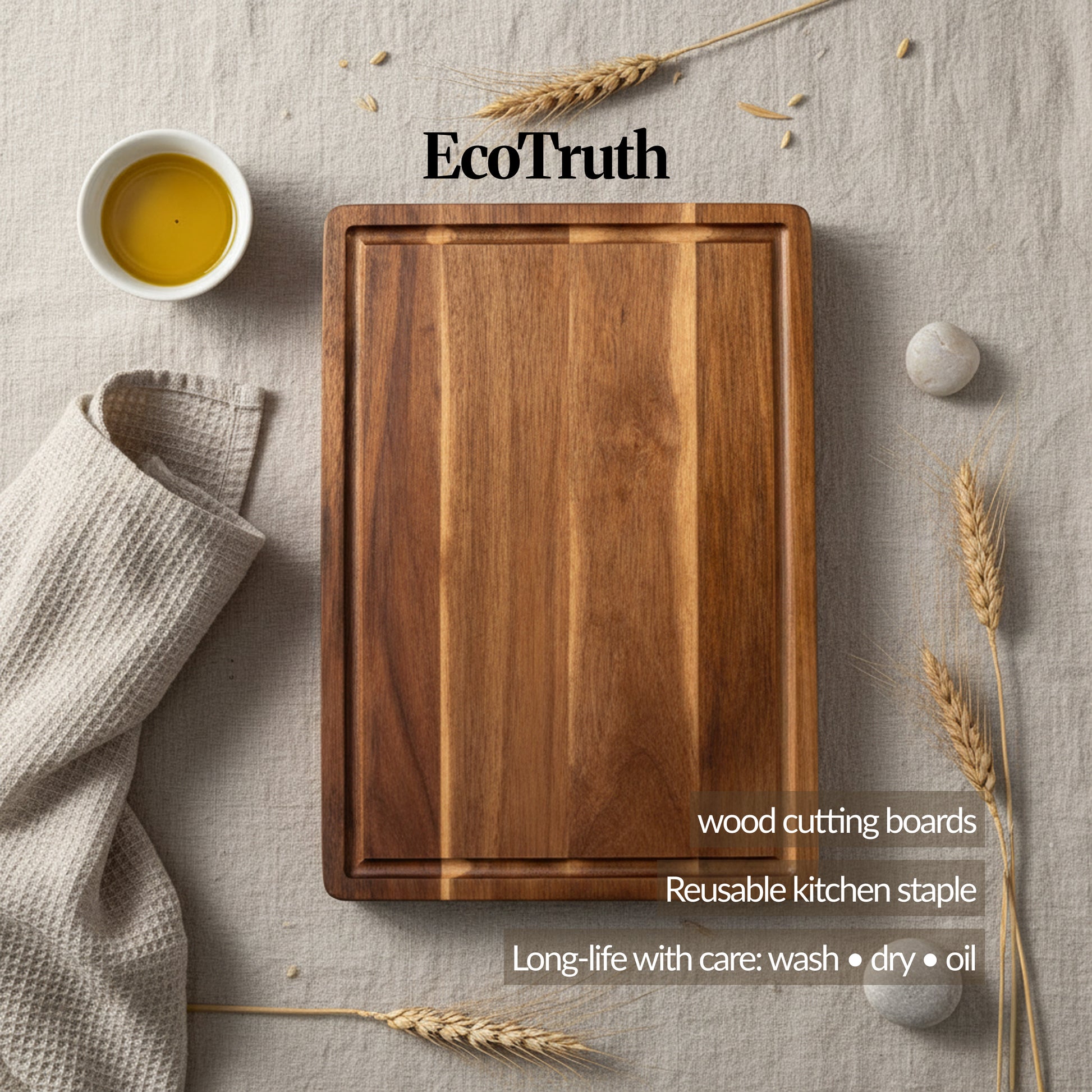 EcoTruth graphic showing a rectangular wooden cutting board on a linen backdrop with care tips (wash, dry, oil) and “wood cutting boards” text overlay.