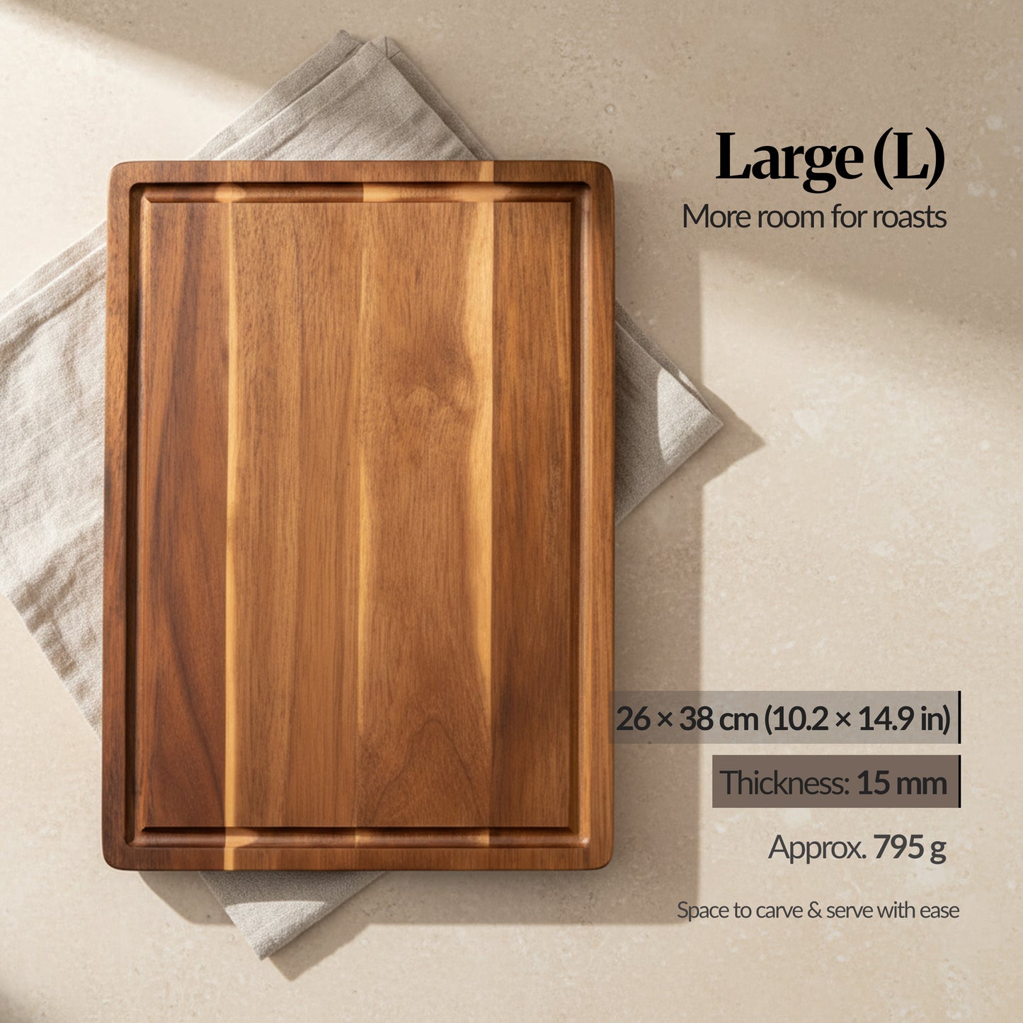 Large (L) size card showing the board with dimensions 26 × 38 cm (10.2 × 14.9 in), thickness 15 mm, and approximate weight 795 g.