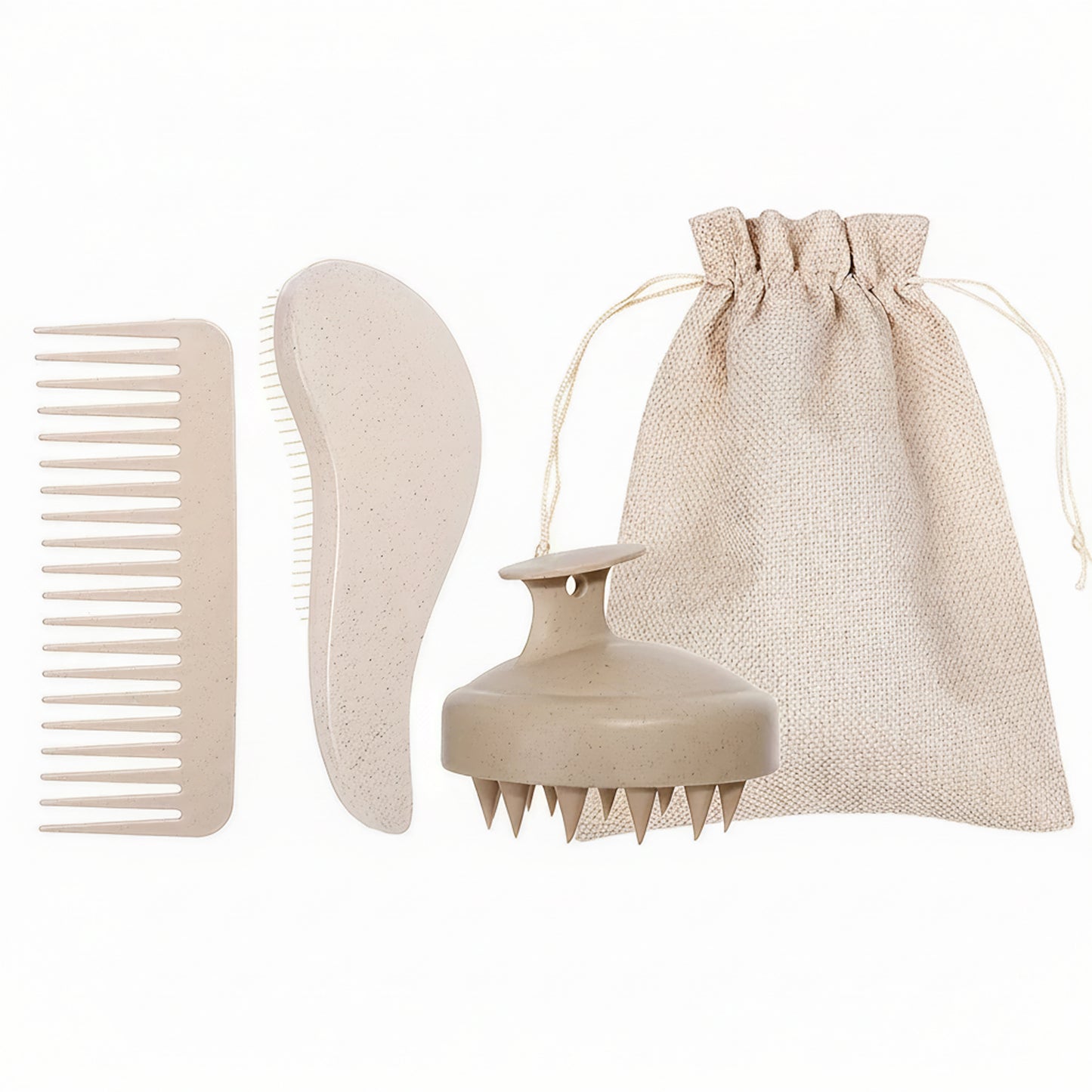 Beige set on a white background showing the wide-tooth comb, detangling brush, scalp massager, and matching pouch.