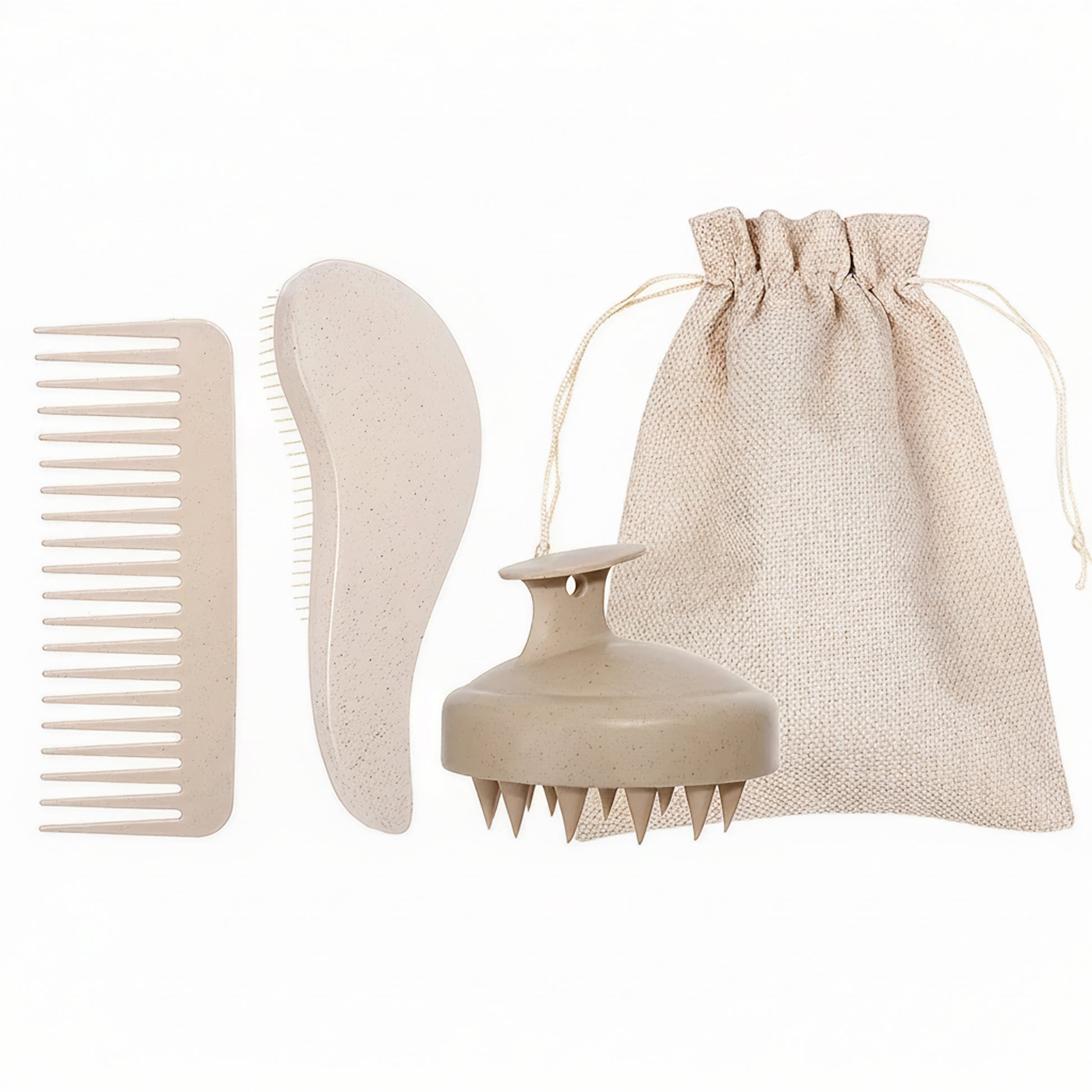Beige set on a white background showing the wide-tooth comb, detangling brush, scalp massager, and matching pouch.