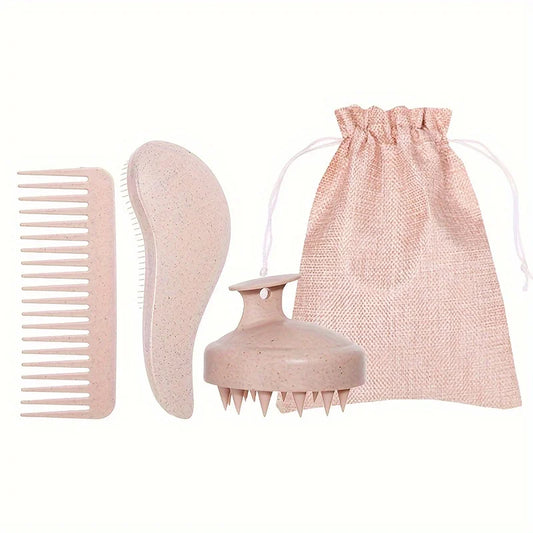 Pink set on a white background showing the wide-tooth comb, detangling brush, scalp massager, and matching pouch.