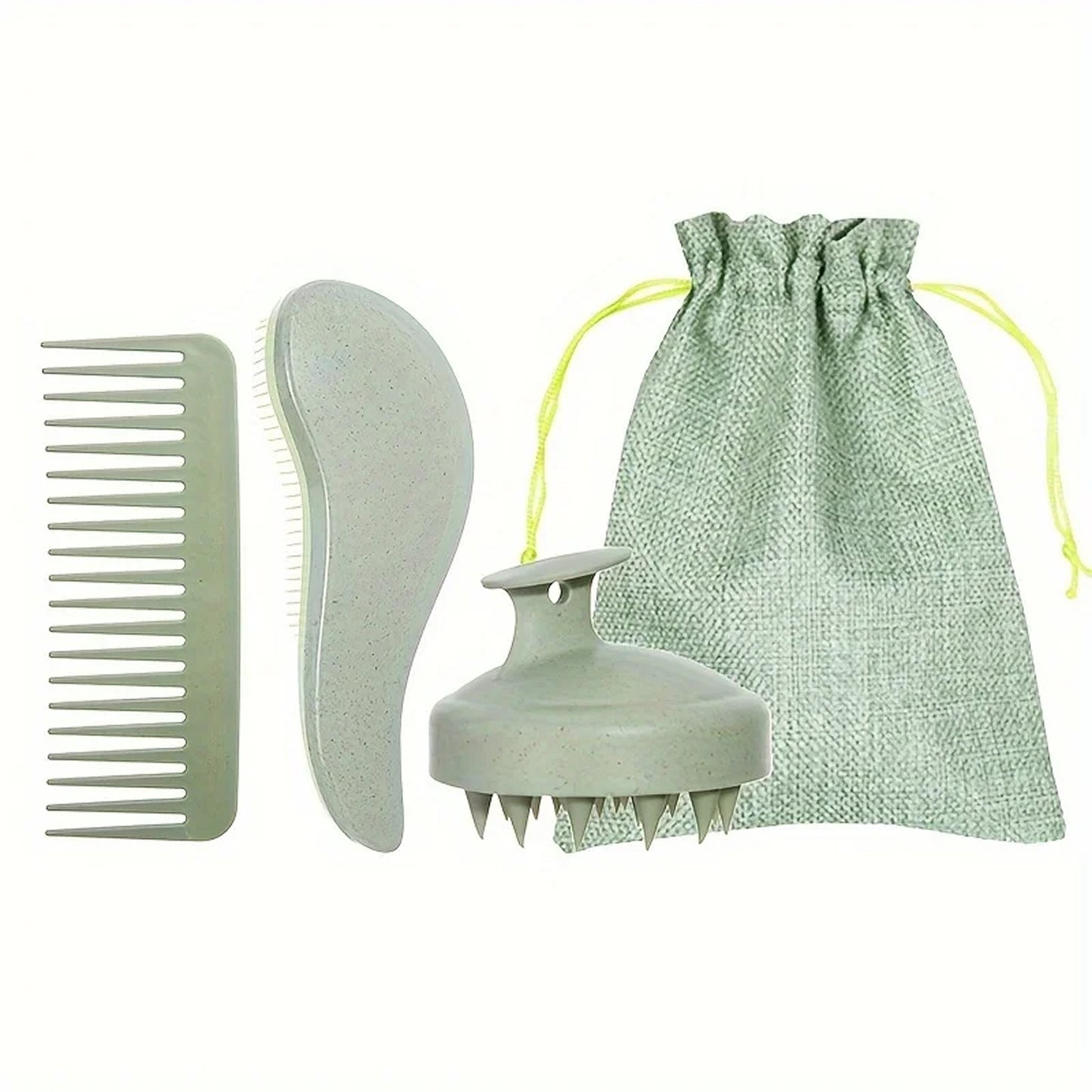Green set on a white background showing the wide-tooth comb, detangling brush, scalp massager, and matching pouch.