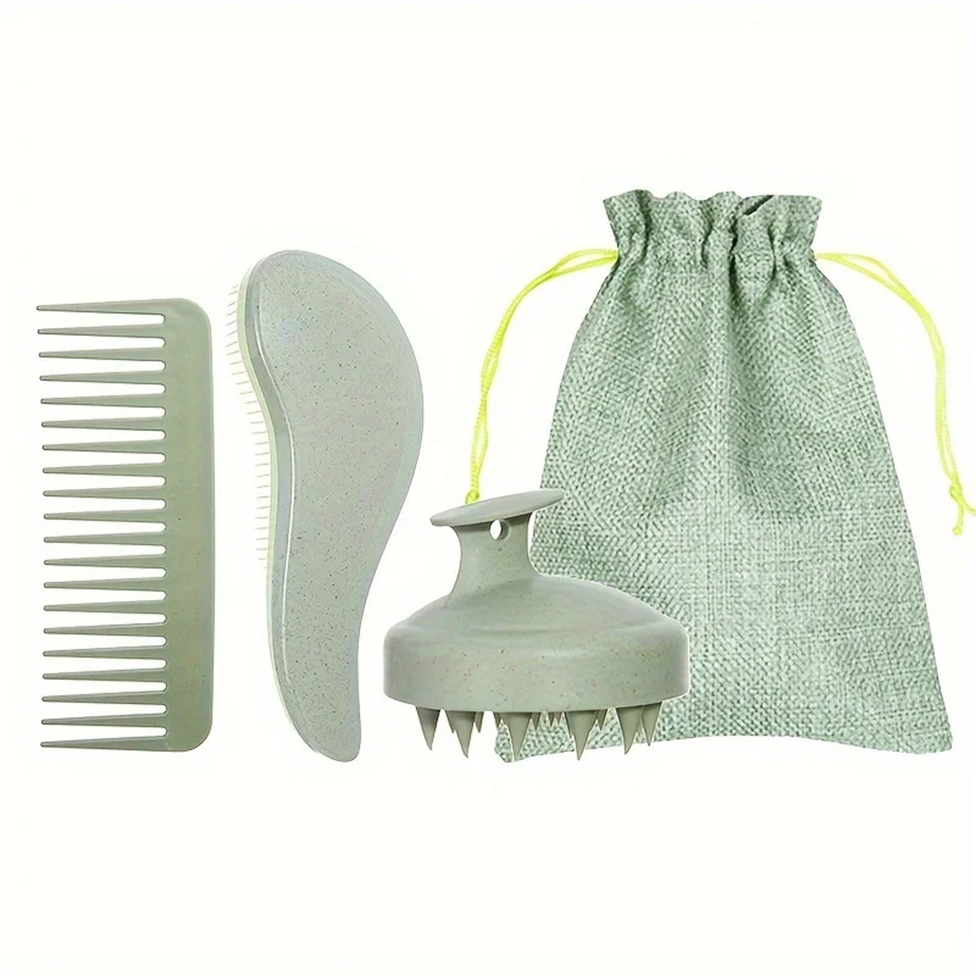 Green set on a white background showing the wide-tooth comb, detangling brush, scalp massager, and matching pouch.