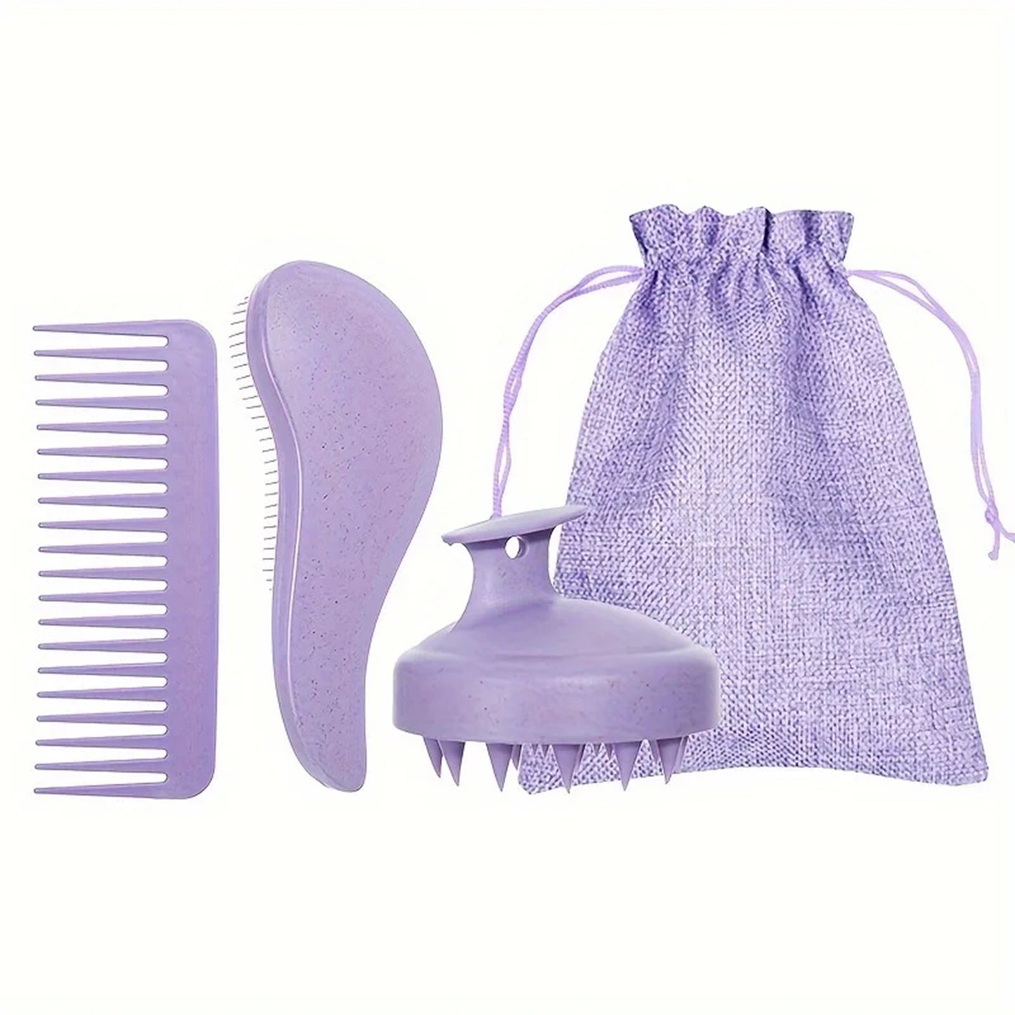 Purple set on a white background showing the wide-tooth comb, detangling brush, scalp massager, and matching pouch.